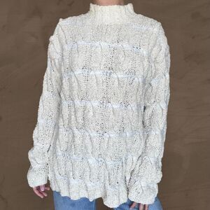 Vintage wool cream sweater cable hand knitted Jones NYC 90s chunky size small